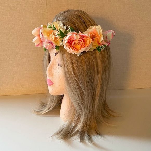 Garden Floral Head Wreath, faux flowers, on Finished Wire Base, Ribbon B… - Picture 3 of 5